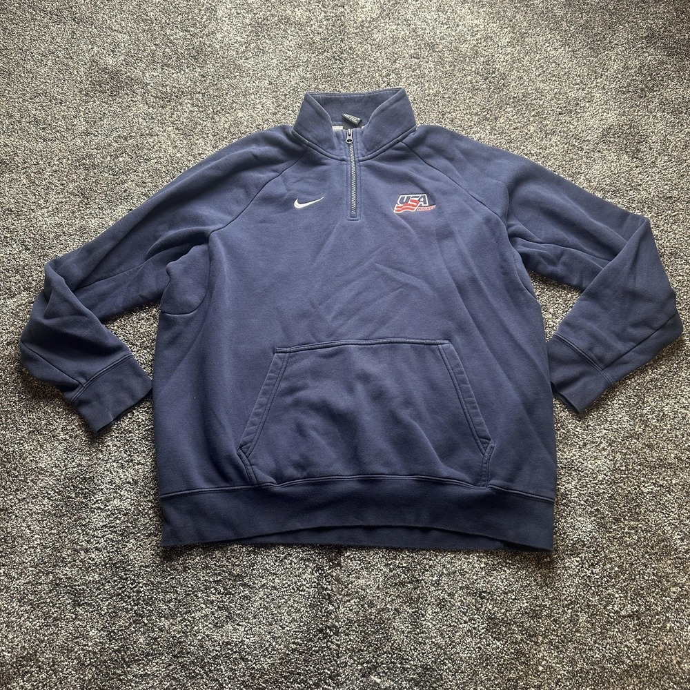 Nike Sweatshirt Mens XL Blue Mock Neck Pullover 1/4 Zip Fleece USA Hockey Logo